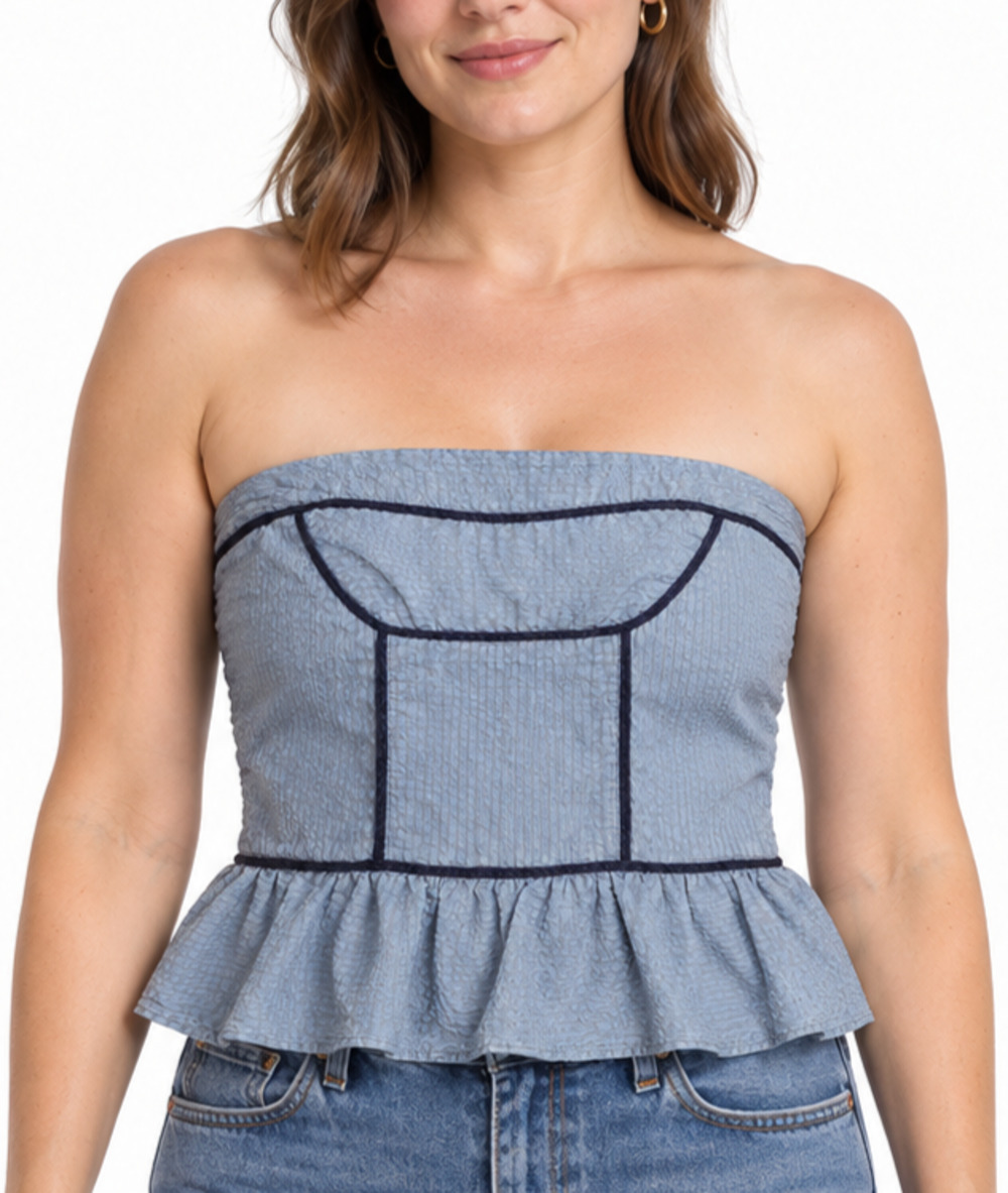 Free People Tara Tube Top XL Blue Cotton Seersucker Peplum Bow Back Strapless